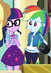 Size: 659x954 | Tagged: safe, screencap, character:applejack, character:rainbow dash, character:twilight sparkle, character:twilight sparkle (scitwi), species:eqg human, episode:schedule swap, g4, my little pony:equestria girls, celestia's office, clothing, cropped, female, geode of super speed, geode of telekinesis, glasses, hoodie, magical geodes, offscreen character, pants, ponytail, skirt