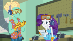 Size: 1920x1080 | Tagged: safe, screencap, character:rarity, character:zephyr breeze, episode:schedule swap, g4, my little pony:equestria girls, clothing, female, geode of shielding, gloves, goggles, magical geodes, male, safety goggles, woodshop, zephyr's necklace