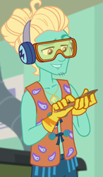 Size: 630x1080 | Tagged: safe, screencap, character:zephyr breeze, episode:schedule swap, g4, my little pony:equestria girls, arms, clothing, cropped, flute, gloves, goggles, male, musical instrument, safety goggles, smiling, solo, zephyr's necklace