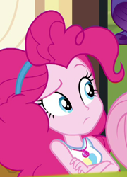 Size: 432x599 | Tagged: safe, screencap, character:pinkie pie, character:rarity, episode:schedule swap, g4, my little pony:equestria girls, cropped, crossed arms, female, geode of sugar bombs, magical geodes, offscreen character, raised eyebrow