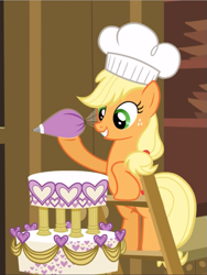 Size: 707x939 | Tagged: safe, screencap, character:applejack, species:earth pony, species:pony, episode:a canterlot wedding, g4, my little pony: friendship is magic, bipedal, chef's hat, clothing, cropped, cute, female, food, freckles, frosting, hat, ladder, mare, raised hoof, solo, wedding cake