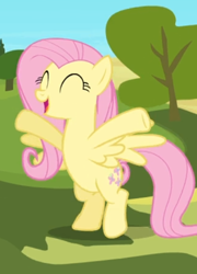 Size: 420x582 | Tagged: safe, screencap, character:fluttershy, species:pegasus, species:pony, episode:the crystal empire, g4, my little pony: friendship is magic, bipedal, cropped, cute, eyes closed, female, mare, open mouth, prancing, shyabetes, smiling, spread hooves