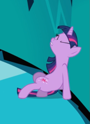 Size: 391x537 | Tagged: safe, screencap, character:twilight sparkle, character:twilight sparkle (unicorn), species:pony, species:unicorn, episode:the crystal empire, g4, my little pony: friendship is magic, cropped, eyes closed, pushing, sitting, solo