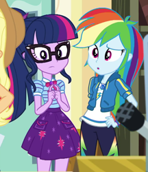 Size: 766x888 | Tagged: safe, screencap, character:applejack, character:rainbow dash, character:twilight sparkle, character:twilight sparkle (scitwi), species:eqg human, episode:schedule swap, g4, my little pony:equestria girls, celestia's office, clothing, cropped, female, geode of super speed, geode of telekinesis, glasses, hoodie, magical geodes, offscreen character, pants, ponytail, skirt
