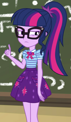 Size: 530x905 | Tagged: safe, screencap, character:twilight sparkle, character:twilight sparkle (scitwi), species:eqg human, episode:schedule swap, g4, my little pony:equestria girls, chalkboard, cropped, geode of telekinesis, glasses, magical geodes, ponytail
