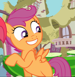 Size: 773x797 | Tagged: safe, screencap, character:apple bloom, character:scootaloo, species:earth pony, species:pegasus, species:pony, episode:one bad apple, g4, my little pony: friendship is magic, cropped, cute, cutealoo, female, filly, grin, looking back, offscreen character, smiling, solo focus