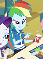 Size: 345x471 | Tagged: safe, screencap, character:rainbow dash, character:rarity, episode:schedule swap, g4, my little pony:equestria girls, cropped, food, geode of super speed, magical geodes, offscreen character, rainbow dash is best facemaker, sandwich