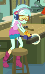 Size: 415x678 | Tagged: safe, screencap, character:lyra heartstrings, character:normal norman, episode:schedule swap, g4, my little pony:equestria girls, boots, canterlot high, circular saw, clothing, cropped, earmuffs, female, gloves, goggles, hammer, offscreen character, shoes, smiling