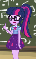 Size: 588x954 | Tagged: safe, screencap, character:twilight sparkle, character:twilight sparkle (scitwi), species:eqg human, episode:schedule swap, g4, my little pony:equestria girls, canterlot high, chalkboard, clothing, cropped, fgsfds, geode of telekinesis, glasses, magical geodes, ponytail, skirt