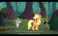 Size: 1024x640 | Tagged: safe, screencap, character:applejack, character:spike, species:dragon, species:earth pony, species:pony, episode:spike at your service, g4, my little pony: friendship is magic, everfree forest, female, male, mare, rope, youtube caption