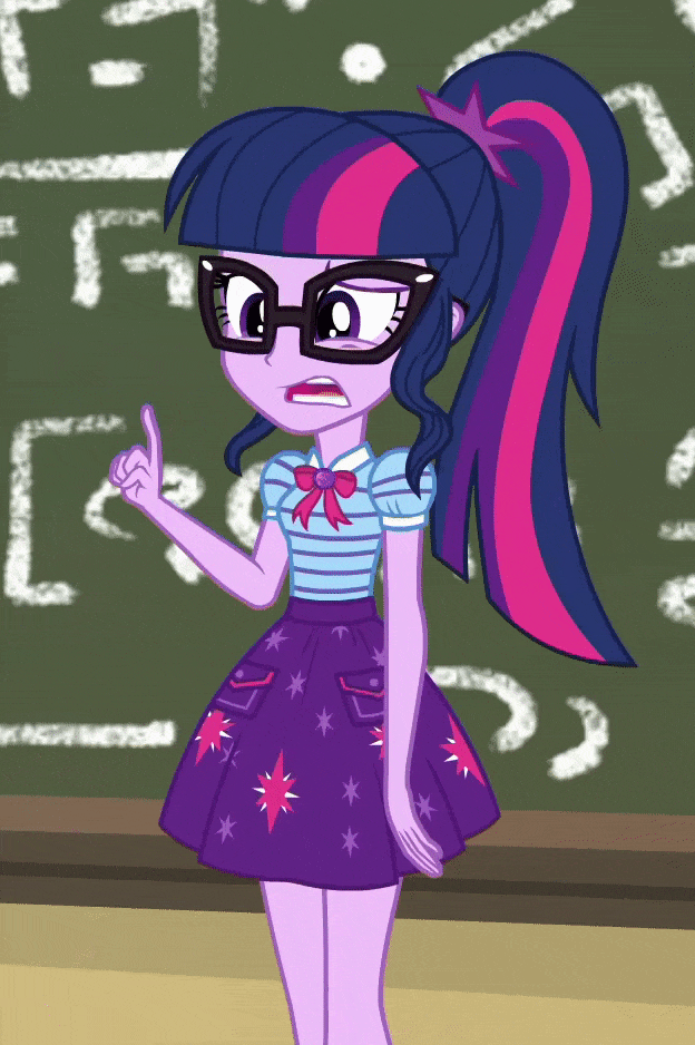 Size: 624x938 | Tagged: safe, screencap, character:pinkie pie, character:twilight sparkle, character:twilight sparkle (scitwi), species:eqg human, episode:schedule swap, g4, my little pony:equestria girls, animated, canterlot high, chalkboard, classroom, cropped, geode of sugar bombs, geode of telekinesis, glasses, magical geodes, ponytail, written equestrian