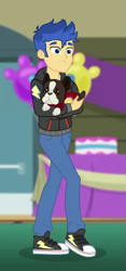 Size: 365x780 | Tagged: safe, screencap, character:flash sentry, episode:best in show: the victory lap, g4, my little pony:equestria girls, banana (dog), clothing, converse, cropped, hoodie, male, pants, shoes, sneakers