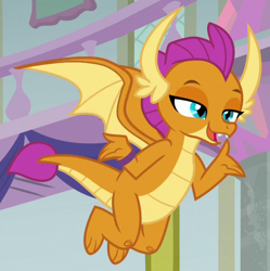 Size: 668x671 | Tagged: safe, screencap, character:smolder, species:dragon, episode:a matter of principals, g4, my little pony: friendship is magic, bracelet, claws, cropped, dragoness, fangs, female, flying, horns, jewelry, lidded eyes, shrug, solo, spread wings, toes, wings