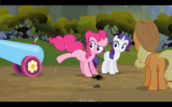 Size: 1024x640 | Tagged: safe, screencap, character:applejack, character:pinkie pie, character:rarity, species:earth pony, species:pony, species:unicorn, episode:spike at your service, g4, my little pony: friendship is magic, female, mare, party cannon, youtube caption