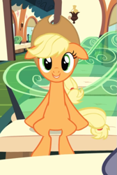 Size: 475x706 | Tagged: safe, screencap, character:applejack, species:earth pony, species:pony, episode:just for sidekicks, g4, my little pony: friendship is magic, applejack's hat, clothing, cowboy hat, cropped, cute, female, floppy ears, hat, jackabetes, looking at you, mare, sitting, smiling