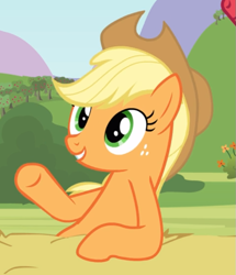 Size: 619x721 | Tagged: safe, screencap, character:applejack, species:earth pony, species:pony, episode:apple family reunion, g4, my little pony: friendship is magic, cropped, female, freckles, leaning, mare, raised hoof, smiling