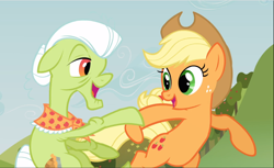 Size: 1538x940 | Tagged: safe, screencap, character:applejack, character:granny smith, species:earth pony, species:pony, episode:apple family reunion, g4, my little pony: friendship is magic, bipedal, cropped, dancing, elderly, female, freckles, grandmother and granddaughter, mare, raised hoof, smiling, twirl