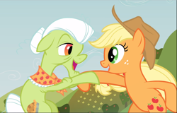Size: 1468x940 | Tagged: safe, screencap, character:applejack, character:granny smith, species:earth pony, species:pony, episode:apple family reunion, g4, my little pony: friendship is magic, bipedal, cropped, dancing, elderly, female, freckles, grandmother and granddaughter, looking at each other, mare, open mouth, raise this barn, smiling, twirl