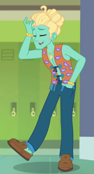 Size: 552x1024 | Tagged: safe, screencap, character:zephyr breeze, episode:overpowered, g4, my little pony:equestria girls, arms, clothing, cropped, eyes closed, hand in pocket, male, no socks, shoes, zephyr's necklace