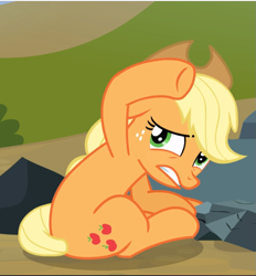 Size: 875x944 | Tagged: safe, screencap, character:applejack, species:earth pony, species:pony, episode:spike at your service, g4, my little pony: friendship is magic, cropped, fear, female, freckles, lidded eyes, mare, scared, sitting, solo, teeth, underhoof