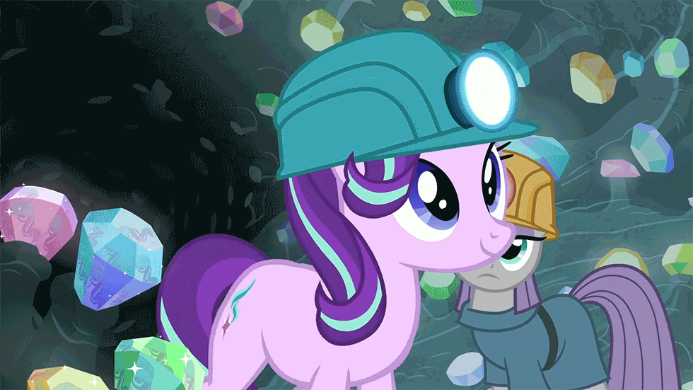 Size: 980x551 | Tagged: safe, screencap, character:maud pie, character:starlight glimmer, species:pony, episode:rock solid friendship, g4, my little pony: friendship is magic, animated, cave, cute, duo, female, gem, gem cave, helmet, mare, mining helmet, smiling, when she smiles