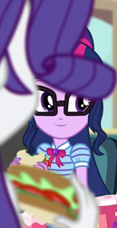 Size: 373x723 | Tagged: safe, screencap, character:rarity, character:twilight sparkle, character:twilight sparkle (scitwi), species:eqg human, episode:schedule swap, g4, my little pony:equestria girls, bow tie, cafeteria, canterlot high, food, geode of telekinesis, glasses, magical geodes, offscreen character, sandwich, smiling