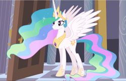 Size: 1462x940 | Tagged: safe, screencap, character:princess celestia, species:alicorn, species:pony, episode:princess twilight sparkle, g4, my little pony: friendship is magic, beautiful, cropped, crown, ethereal mane, female, flowing mane, flowing tail, hoof shoes, jewelry, majestic, mare, multicolored hair, necklace, regalia, smiling, solo, spread wings, wings