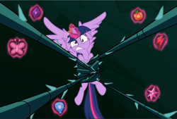 Size: 1393x940 | Tagged: safe, screencap, character:twilight sparkle, character:twilight sparkle (alicorn), species:alicorn, species:pony, episode:princess twilight sparkle, g4, my little pony: friendship is magic, black vine, cropped, elements of harmony, faec, glowing horn, levitation, magic, restrained, spread wings, teeth, telekinesis, wings