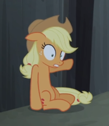 Size: 334x388 | Tagged: safe, screencap, character:applejack, species:earth pony, species:pony, episode:castle mane-ia, g4, my little pony: friendship is magic, cropped, female, floppy ears, freckles, mare, shrunken pupils, sitting, wide eyes