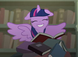 Size: 1086x790 | Tagged: safe, screencap, character:twilight sparkle, character:twilight sparkle (alicorn), species:alicorn, species:pony, episode:castle mane-ia, g4, my little pony: friendship is magic, book, bookshelf, cropped, cute, eyes closed, floppy ears, solo, spread wings, that pony sure does love books, twiabetes, wings