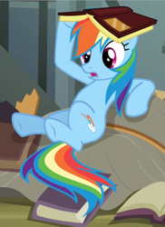 Size: 621x853 | Tagged: safe, screencap, character:rainbow dash, species:pegasus, species:pony, episode:daring don't, g4, my little pony: friendship is magic, book, book on head, cropped, female, lying down, mare, open mouth