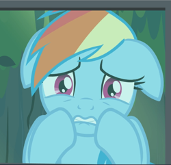 Size: 975x941 | Tagged: safe, screencap, character:rainbow dash, species:pegasus, species:pony, episode:daring don't, g4, my little pony: friendship is magic, cropped, female, floppy ears, mare, raised hoof, scared, solo, worried