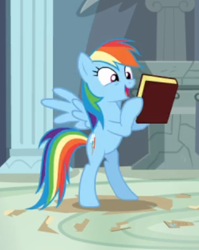 Size: 327x410 | Tagged: safe, screencap, character:rainbow dash, species:pegasus, species:pony, episode:daring don't, g4, my little pony: friendship is magic, bipedal, book, cropped, excited, female, holding, mare, open mouth, smiling, spread wings, wings