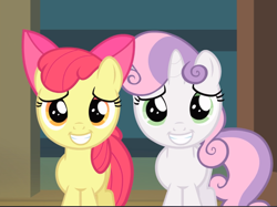 Size: 1247x931 | Tagged: safe, screencap, character:apple bloom, character:sweetie belle, species:earth pony, species:pony, species:unicorn, episode:flight to the finish, g4, my little pony: friendship is magic, adorabloom, cropped, cute, diasweetes, female, filly, smiling, teeth