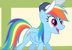 Size: 1369x940 | Tagged: safe, screencap, character:rainbow dash, species:pegasus, species:pony, episode:flight to the finish, g4, my little pony: friendship is magic, clothing, coach rainbow dash, cropped, cute, dashabetes, excited, female, hat, mare, open mouth, smiling
