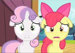 Size: 1329x940 | Tagged: safe, screencap, character:apple bloom, character:sweetie belle, species:earth pony, species:pony, species:unicorn, episode:flight to the finish, g4, my little pony: friendship is magic, adorabloom, cropped, cute, diasweetes, female, filly, floppy ears, open mouth, worried