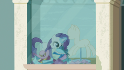 Size: 1920x1080 | Tagged: safe, screencap, character:rarity, species:pony, species:unicorn, episode:the saddle row review, g4, my little pony: friendship is magic, female, glowing horn, horn, magic, manehattan, mannequin, mare, rarity for you, saddle row, solo, window