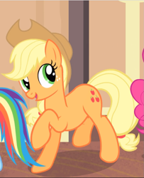 Size: 763x941 | Tagged: safe, screencap, character:applejack, character:pinkie pie, character:rainbow dash, species:earth pony, species:pegasus, species:pony, episode:rarity takes manehattan, g4, my little pony: friendship is magic, cropped, cute, female, freckles, jackabetes, mare, offscreen character, open mouth, raised hoof, smiling, solo focus