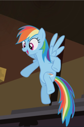 Size: 621x942 | Tagged: safe, screencap, character:rainbow dash, species:pegasus, species:pony, episode:rarity takes manehattan, g4, my little pony: friendship is magic, cropped, female, flying, mare, open mouth, raised hoof, smiling, spread wings, underhoof, wings
