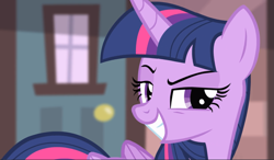 Size: 1603x939 | Tagged: safe, screencap, character:twilight sparkle, character:twilight sparkle (alicorn), species:alicorn, species:pony, episode:rarity takes manehattan, g4, my little pony: friendship is magic, close-up, cropped, lidded eyes, raised eyebrow, smiling, smirk, solo, teeth