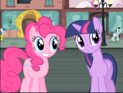 Size: 855x647 | Tagged: safe, screencap, character:bruce mane, character:pinkie pie, character:twilight sparkle, character:twilight sparkle (alicorn), species:alicorn, species:earth pony, species:pony, episode:rarity takes manehattan, g4, my little pony: friendship is magic, blueberry curls, bubblegum blossom, cropped, cute, diapinkes, duo, duo focus, female, mare, smiling, twiabetes