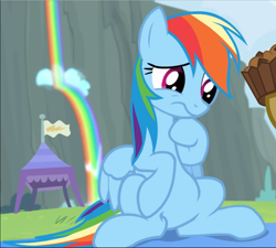 Size: 1045x940 | Tagged: safe, screencap, character:rainbow dash, species:pegasus, species:pony, episode:rainbow falls, g4, my little pony: friendship is magic, cropped, female, hoof on chin, mare, rainbow waterfall, sitting, solo, unsure, wavy mouth