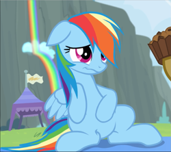 Size: 1057x940 | Tagged: safe, screencap, character:rainbow dash, species:pegasus, species:pony, episode:rainbow falls, g4, my little pony: friendship is magic, bellyrubs, cropped, female, mare, rainbow waterfall, sitting, solo