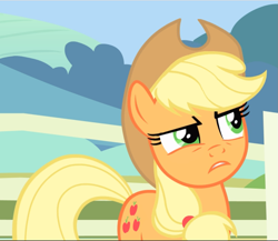 Size: 1083x941 | Tagged: safe, screencap, character:applejack, species:earth pony, species:pony, episode:three's a crowd, g4, my little pony: friendship is magic, cropped, female, mare, narrowed eyes, reaction image, suspicious face