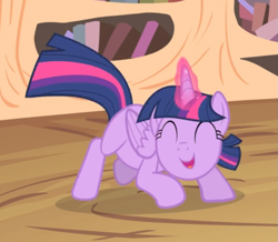 Size: 671x584 | Tagged: safe, screencap, character:twilight sparkle, character:twilight sparkle (alicorn), species:alicorn, species:pony, episode:three's a crowd, g4, my little pony: friendship is magic, cropped, crouching, cute, eyes closed, glowing horn, golden oaks library, open mouth, smiling, solo, twiabetes