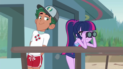 Size: 1920x1080 | Tagged: safe, screencap, character:timber spruce, character:twilight sparkle, character:twilight sparkle (scitwi), species:eqg human, ship:timbertwi, episode:unsolved selfie mysteries, g4, my little pony:equestria girls, :>, arm behind back, cap, clothing, eyes on the prize, female, hat, lifeguard timber, male, ponytail, shipping, shorts, sleeveless, smiling, straight, swimsuit