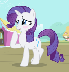 Size: 734x772 | Tagged: safe, screencap, character:rarity, species:pony, species:unicorn, episode:simple ways, g4, my little pony: friendship is magic, blushing, cropped, crossed hooves, crossed legs, female, mare, open mouth, raised hoof, raised leg, smiling