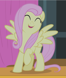 Size: 777x919 | Tagged: safe, screencap, character:fluttershy, species:pegasus, species:pony, episode:filli vanilli, g4, my little pony: friendship is magic, cropped, cute, eyes closed, female, happy, mare, open mouth, raised hoof, shyabetes, smiling, spread wings, wings