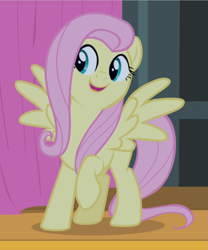Size: 771x926 | Tagged: safe, screencap, character:fluttershy, species:pegasus, species:pony, episode:filli vanilli, g4, my little pony: friendship is magic, cropped, cute, female, happy, looking at something, mare, open mouth, raised hoof, shyabetes, smiling, spread wings, wings