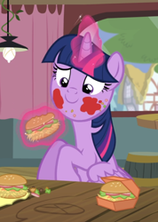 Size: 634x889 | Tagged: safe, screencap, character:twilight sparkle, character:twilight sparkle (alicorn), species:alicorn, species:pony, episode:twilight time, g4, my little pony: friendship is magic, burger, cropped, food, glowing horn, hay burger, levitation, magic, messy eating, smiling, solo, telekinesis, that pony sure does love burgers, the hayburger, twilight burgkle